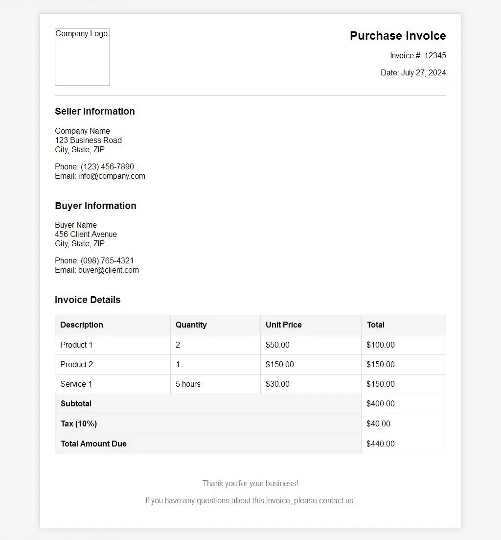 Purchase Invoice Format