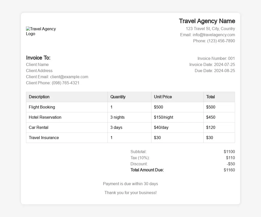 Travel Agency Invoice Format