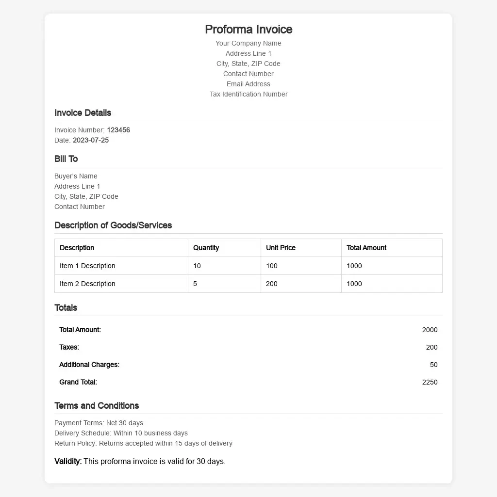 Proforma Invoice Format in India